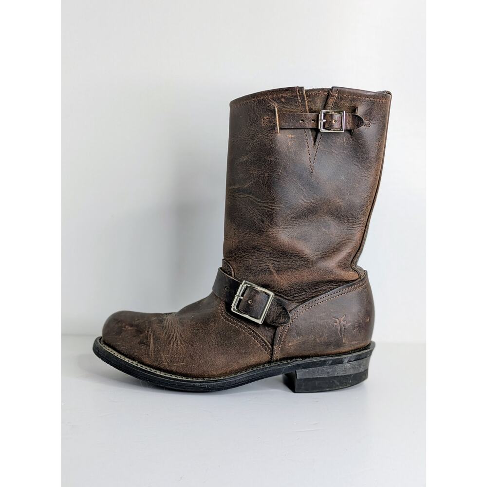 Frye Engineer 12R Boots 8 Brown Leather Tall Moto Buckle Vintage Patina USA - Picture 8 of 16